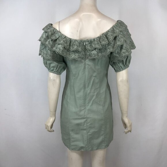 TOPSHOP - WOMEN'S 6 - GREEN SHORT SLEEVE ROUND  EYELET RUFFLE NECK COTTON DRESS - Picture 3 of 7
